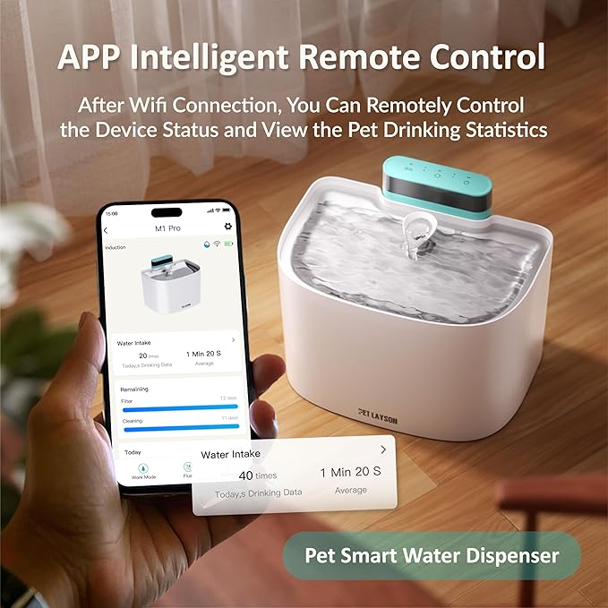 PET LAYSON Pumpless Cat Water Fountain, App Remote Control Smart Cordless Rechargeable Battery Operated, 3.6L/122oz 2.4G Wi-Fi Dog Water Dispenser 2 Filters,2 Nozzles(White, M1 Pro)
