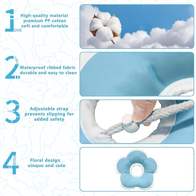 Cat Cone Collar Soft, Waterproof Cats Cones to Stop Licking After Surgery, Adjustable Soft Elizabeth Cats Collars for Wound Healing, Flower Shape Cat Recovery Collar (Blue, Small)