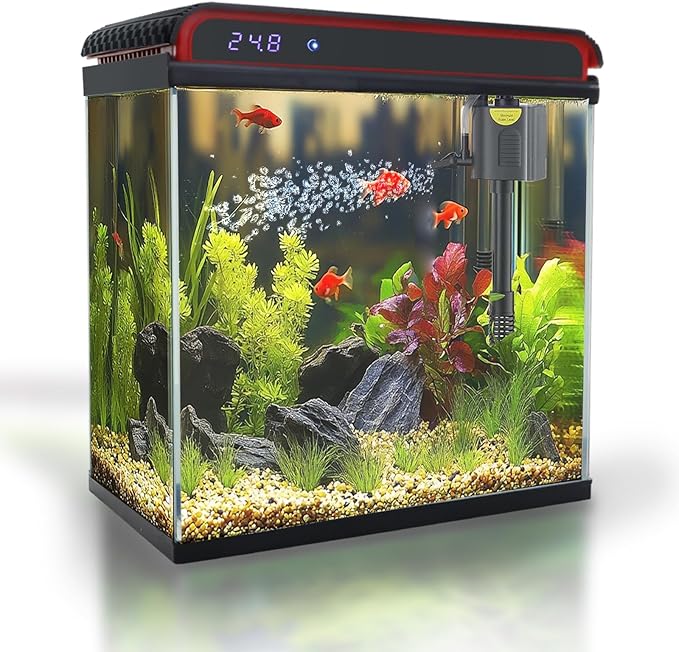 Glass 10 Gallon Fish Tank Aquarium - Smart Self-Cleaning Starter Kit with 3-Color LED Light, Ultra Quiet Pump & Filter, Temperature Monitoring for Betta Fish and Shrimp