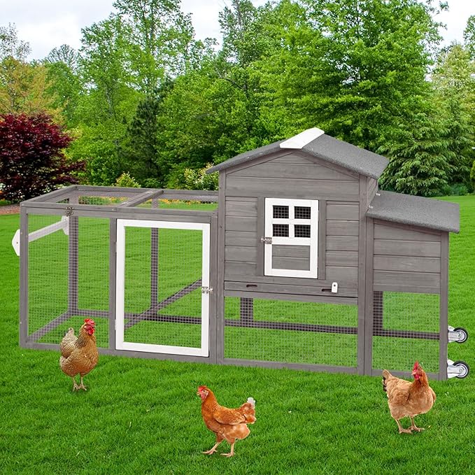 Wooden Chicken Coop Cage Outdoor Indoor Hen House with Nesting Box, Waterproof Roof, Removable Tray for Poultry Pets Enclosure Garden Backyard (Grey)