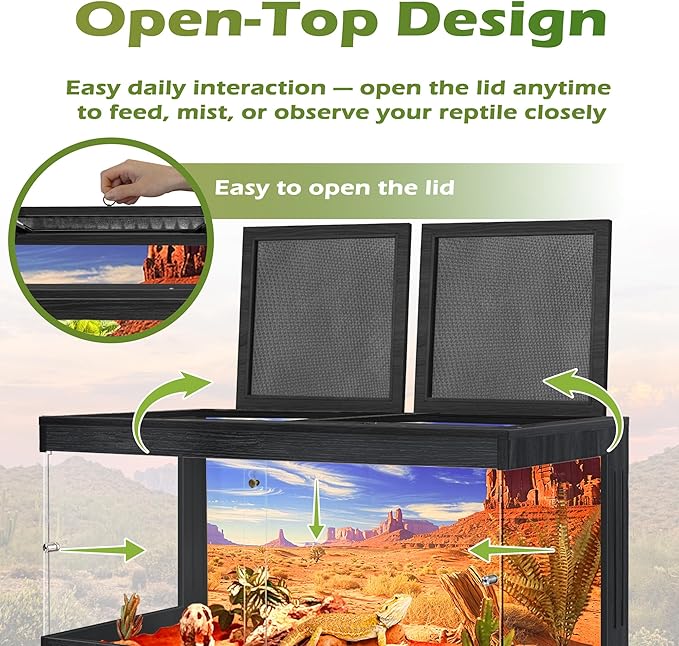 ROYXEN Bearded Dragon Tank with Leg Stand,Tempered Glass Reptile Tank with Metal Mesh Top, 3-Side Clear Anti-Scratch Glass Lizard Tank,Snake Tank for Reptile Habitat (Black, 62Gallons,40" Length)