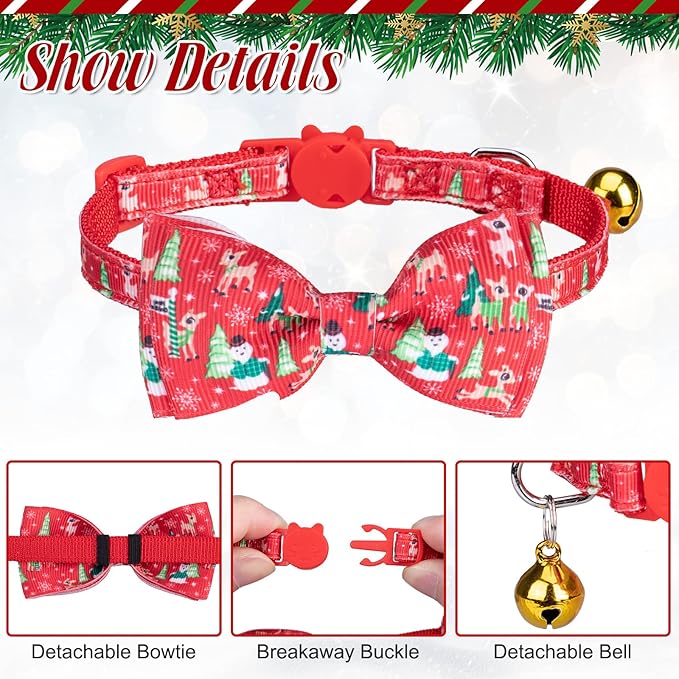 Christmas Breakaway Cat Collar with Removable Bow Tie and Bell, Cute Xmas Patterns, 3 Pack Safety Buckle Kitten Collars, Adjustable Pet Collar