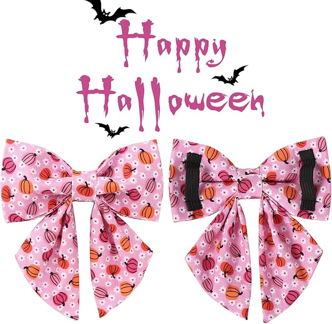 Halloween Pumpkin Dog Collar with Bow Tie, Pink Halloween Puppy Bowtie Collar with Adjustable Metal Buckle,Fancy Dog Collar Bowtie for Girl Boy Dog,S