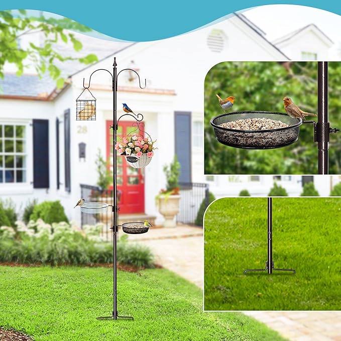 Bird Feeder Stand Pole,77 Inch Feeding Station Kit for Outside, Wild Bird Feeder Hanging Kit with Metal Suet, Bird Bath and Mesh Tray, 3-Prong Base