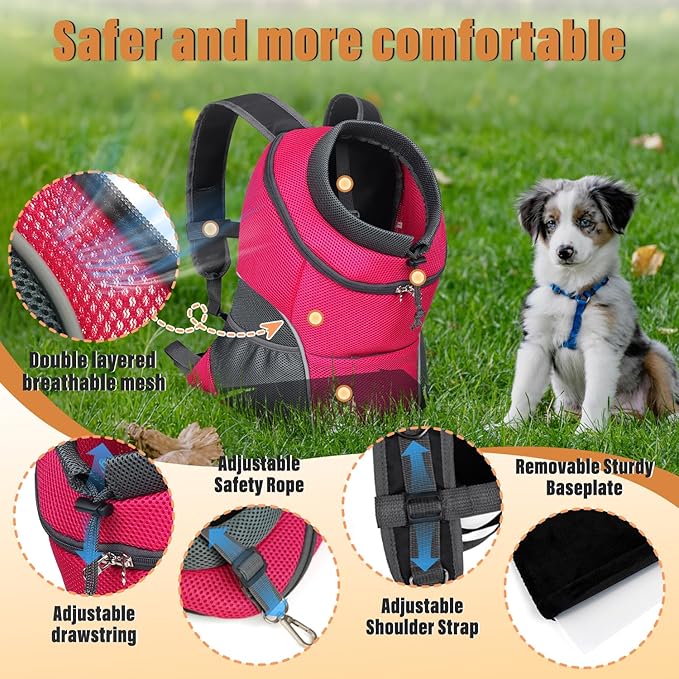 YUDODO Dog Front Carrier Backpack, Adjustable Breathable Pet Carrier for Small Dogs, Ventilated Puppy Back Pack with Safety Belt, Lightweight Doggy Backpack for Hiking Outdoor (Rose, M: 4.5-8 lbs)