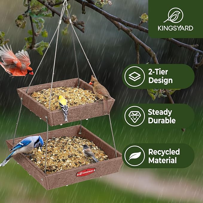 Kingsyard 2 Tier Large Platform Bird Feeders for Outdoors Hanging, 5 lbs Capacity Recycled Plastic Flat Mealworm Bird Feeder Tray, Garden Decoration Attracting Cardinal Blue Jay, Brown