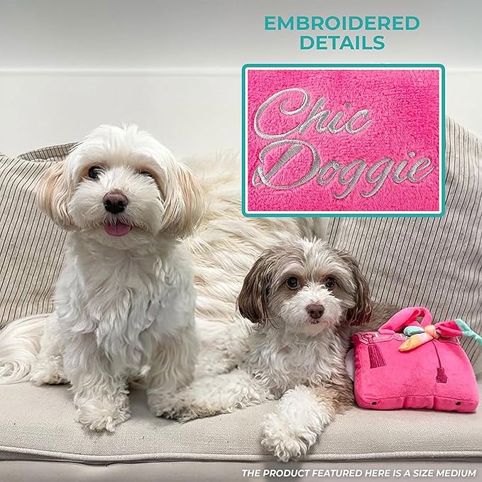 Haute Diggity Dog Barkin Bag with Scarf, Plush Designer Dog Toys with Interactive Squeaker, Stimulating Pet Enrichment, Machine-Washable & Safe Materials for All Breeds, Size Medium