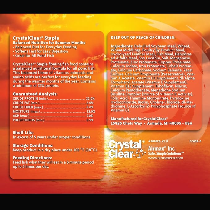 CrystalClear Staple Pond Fish Food for Healthy Koi & Goldfish, Protein Packed Floating Pellets for Summer Nutrition, Easy Digestion, 8.8 Pound Bucket