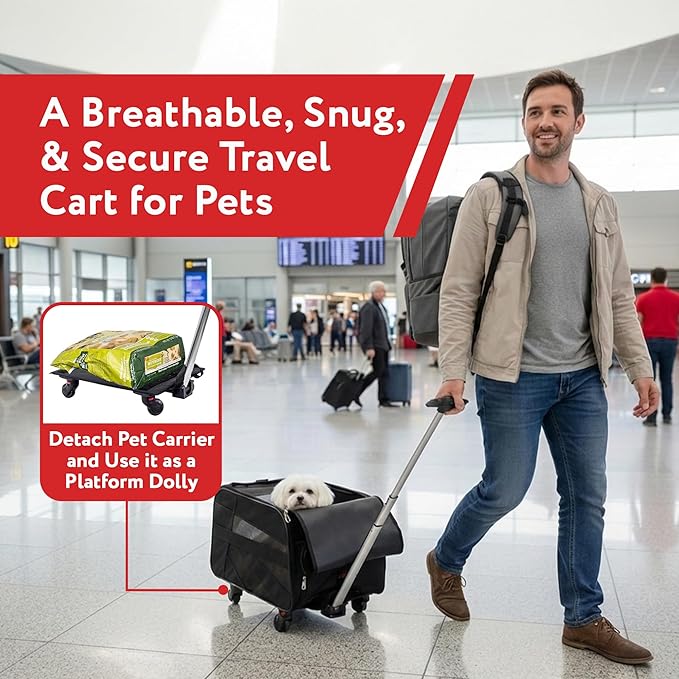 dbest products Rolling Pet Carrier with Wheels Airline Approved - TSA Dog Cat Carrier for Airplane Travel - Wheeled Pet Carrier 18x12x20 for Pets up to 24lbs - Collapsible Travel Bag