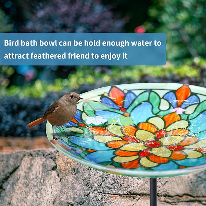 MUMTOP Bird Baths for Outdoors, Glass Birdbath Birdfeeder Bowl with Metal Stake for Outside Garden Yard Lawn Tiffany Style Decor