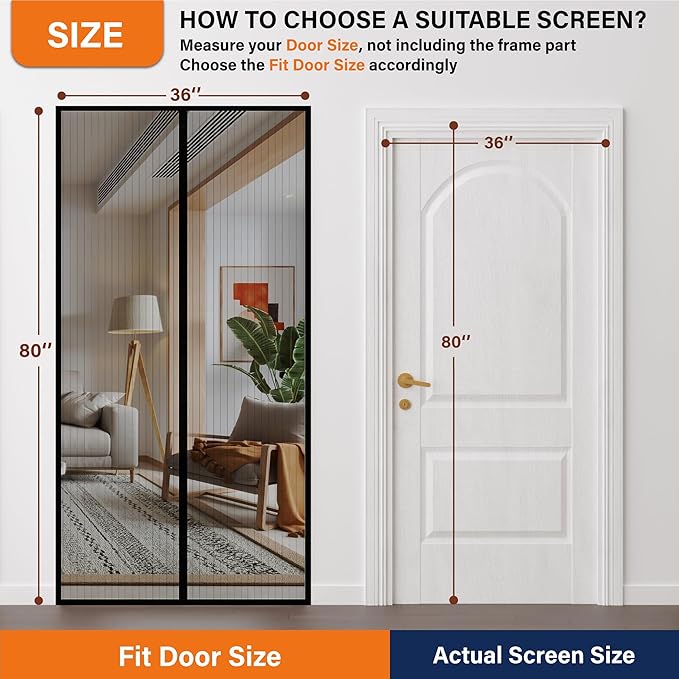 Magnetic Screen Door, Fit Door Size 32 x 96 Inches, Screen Doors with Magnets, Pet & Kid Friendly，Works with Front Doors, Sliding Doors ‎Black