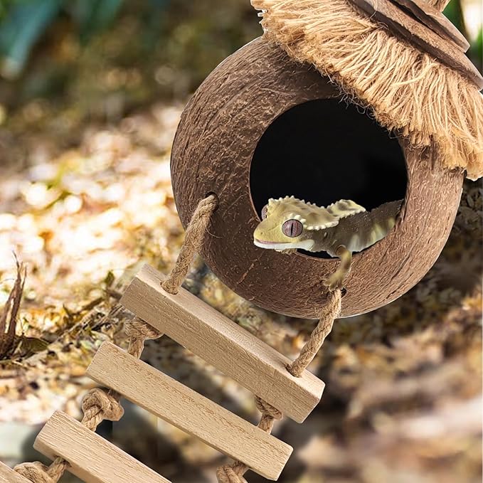 Crested Gecko Tank Accessories Coconut Hide with Ladder,Leopard Gecko Coconut Hut Hideout Hanging Lizard Seagrass Hammock Dragon Cage Lounger Jungle Vine Flexible Leaves Reptile Tank Decor