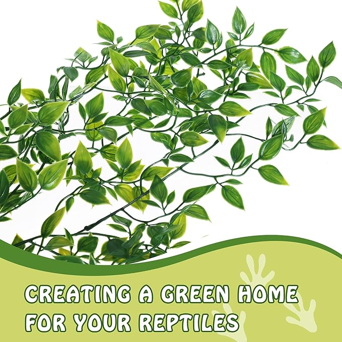 HERCOCCI Reptile Plants, 3 Pack Terrarium Hanging Plants Vines Artificial Leaves Habitat Decorations with Suction Cup for Bearded Dragon Hermit Crab Lizard Snake Geckos Chameleon