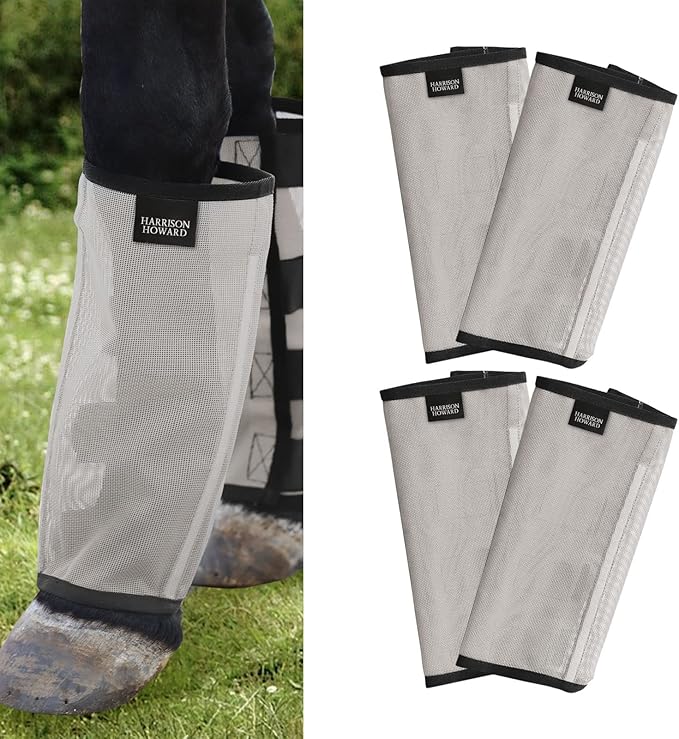 Harrison Howard Loose Fitting Fly Boots UV-Protective Extra Tough Mesh Ventilated Four Fasteners Stay-on Design Protect Horse Legs & Stomp-Reducing Set of 4 Silver Grey Small