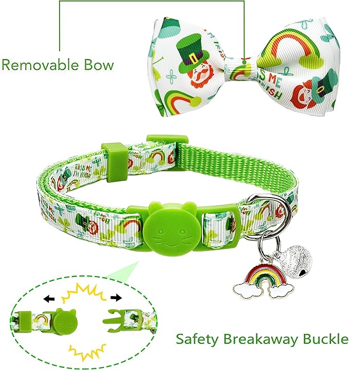 2 Pack St. Patrick Day Cat Collar with Bow Tie,Holiday Kitty Kitten Collar with Bell for Male Female Boys and Girls (I'm Irish)