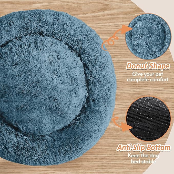 JOLLYVOGUE Calming Dog & Cat Bed for Small Dogs, Anti-Anxiety Donut Cuddler Cozy Soft Round Bed with Anti-Slip Bottom, Fluffy Faux Fur Plush Cushion Beds for Small Medium Dogs (27")