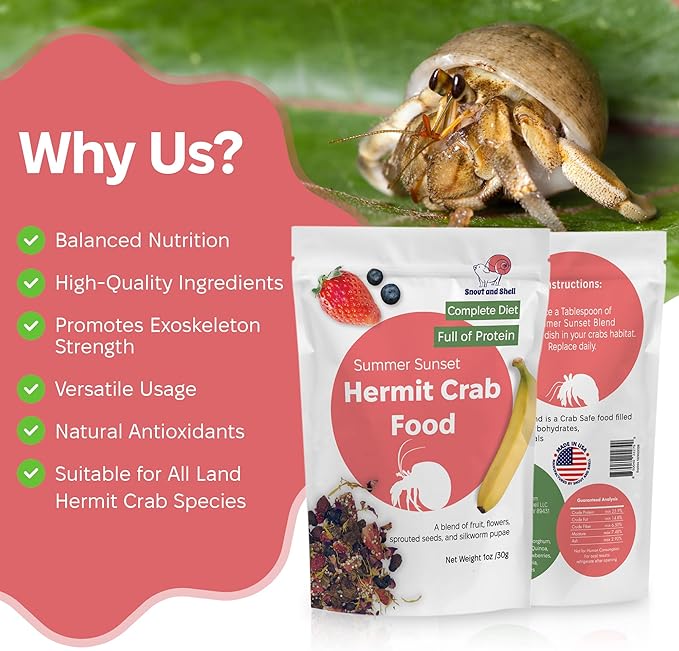 Summer Sunset Wild Hermit Crab Food – Silkworms, Berries & Rose Petals – 56g – Snout and Shell