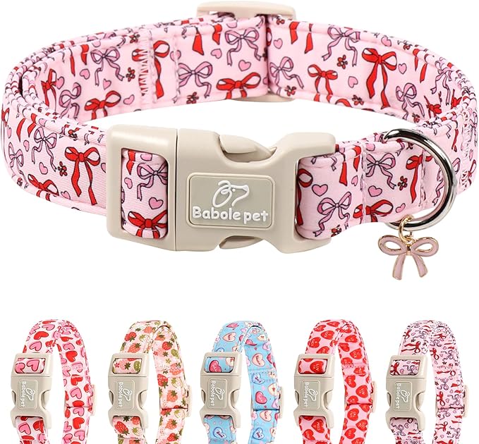 Girl Dog Collar for Large Dogs - Cute Heart Bow Print Girly Dog Collars, Soft Adjustable Spring/Summer Holiday Female Dogs Collar with Quick-Release Buckle XL