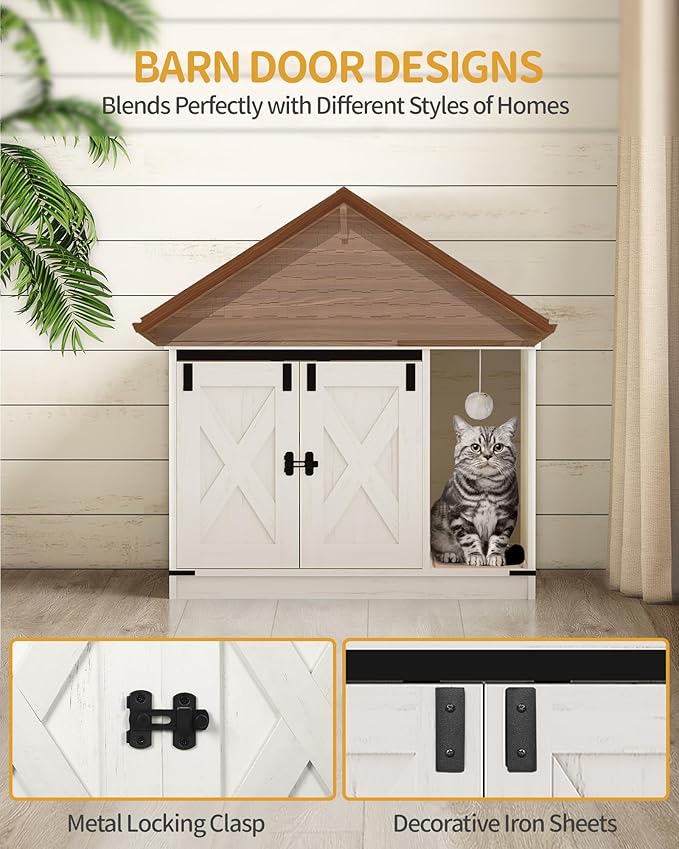 Cat Litter Box Enclosure, Hidden Litter Box Cabinet Furniture with Bell, Indoor Cats House, Farmhouse Style, 31.5 x 19.7 x 20.9Inches, for Hallway, Bedroom, White CB82414B
