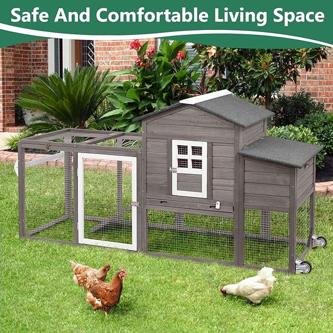79" L Chicken Coop and Run, Large Chicken Hen House Indoor Outdoor with Wheels, Nesting Boxes, Removable Tray, Two Story Wooden Poultry Cage for Chickens Quails Small Animals(Grey)