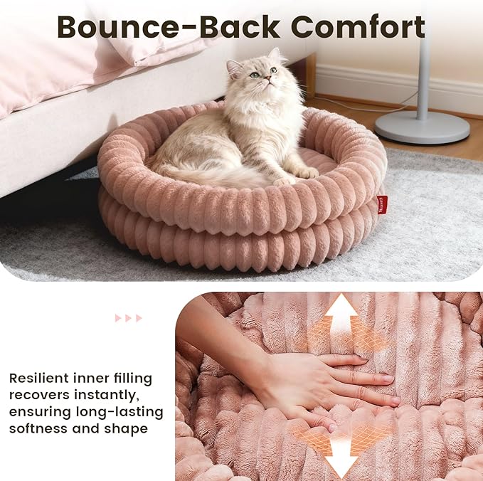 Fluffy Cat Beds for Indoor Cats, Washable Round Orthopedic Kitten Bed, Ultimate Soft Fuzzy Pet Bed for Small Dogs with Non-Slip Bottom, 19.7x19.7x6.3 in, Dark Pink
