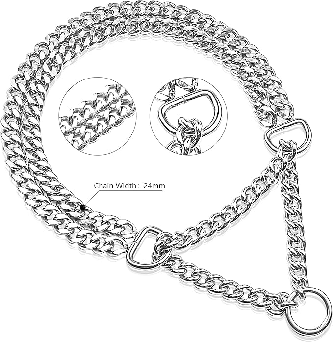 Dog Choke Martingale Collar, Silver Dog Chain Collar Stainless Steel Metal, Silver Dog Collar Adjustable Walking Chew Proof Double Row for Large Small Medium Dogs XL 26'' -28''