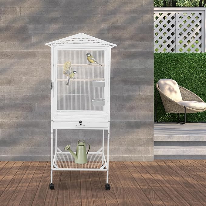 53.5 Inch Iron Bird Cage, Large Bird Aviary with Wheels for Parakeets, White Bird House with Detachable Stand and Pull-Out Tray for Cockatiels, Parrots, Lovebirds, Canaries