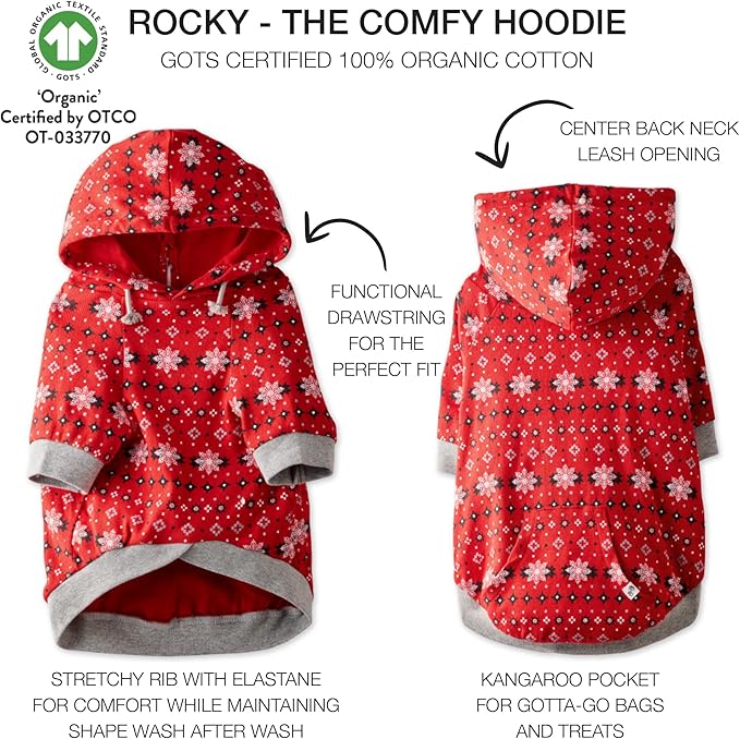 Rocky – The Orginal Lightweight Hooded TEE 100% Organic Cotton Dog Hoodie Pet Coat Sweater for Small, Medium, Large Dogs, Red Fair Isle, XX-Small