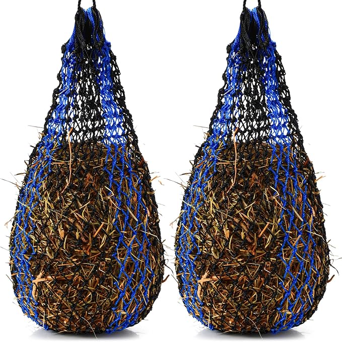 2 Pcs Slow Feed Hay Bag 36 Inch Ultra Slow Hay Feeders 1.5 x 1.5 Inch Holes Hay Nets for Horses Goat Livestock Horse Supplies, Black and Blue