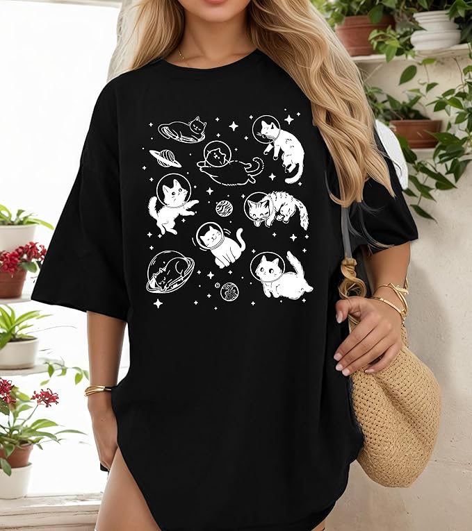 Cat Shirts for Women Oversized Cat Mom Shirt Animal Print Tops Cute Teen Clothes Casual Graphic Tees