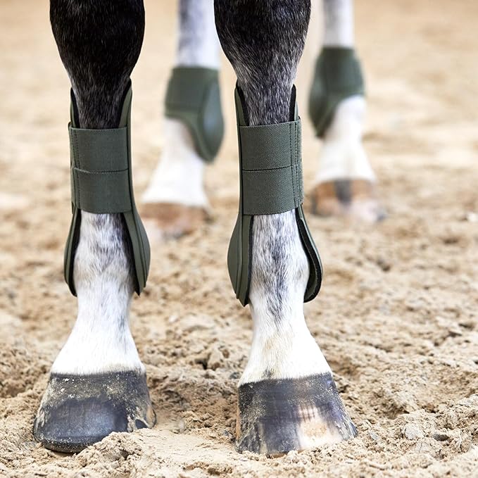HORZE Adepto Open Front Tendon Boots | Durable Shell with Neoprene Lining - Beetle Khaki Green - Warmblood