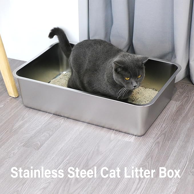 Stainless Steel Litter Box -Metal Litter Box for Big Cats,Large Stainless Steel Cat Box Easy to Clean, Cat LitterBox Pet Toilet-High Sided for Kitten,Kitty,Rabbits,Non Stick, No Smell