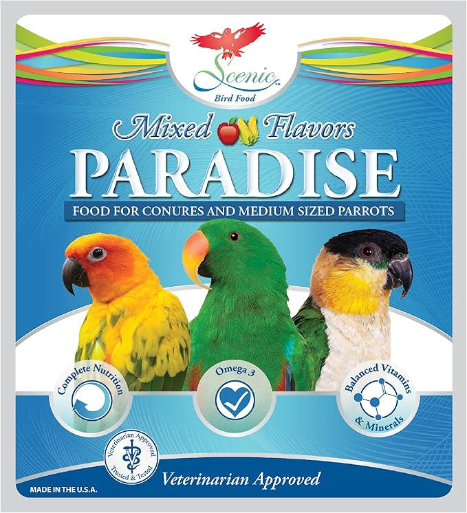 Scenic Mix Paradise Premium Parrot Food - Apple & Natural Flavors, High Protein, Low Iron Conure Bird Food, Eclectus & Other Small Pet Parrots, Omega 3, Vitamins & Minerals, 1 LB Bag