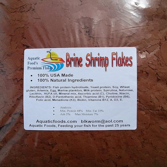 Aquatic Foods Inc. Brine Shrimp Flakes, High Protein Brine Shrimp Flakes for Discus, Cichlids, Tetras, Guppies, Live Bearers, All Community Tropical Fish Premium AF Flakes - 1-lb