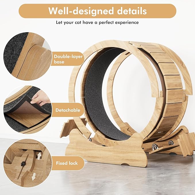 Cat Wheel, 35.4 Inch Cat Exercise Wheel for Indoor Cats Treadmill with Detachable Carpet and Teaser, for Running Walking Training, Natural Wood