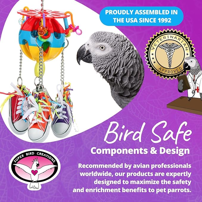 Super Bird Creations SB1105 Kick Ball Bird Toy - Ideal for Parrots, Ringnecks Conures Quakers - Perfect for Chewing, Foraging, and Boredom Relief - Enriching Kick Ball Toy for Medium Bird Size, 12"x4"