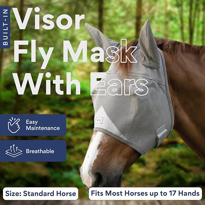 Horse Fly Mask with Ears - Built-in Visor - Breathable, Lightweight Mask - 95% UV Eye Protection - Adjustable Fit for Comfort Horse Medium/Large Size
