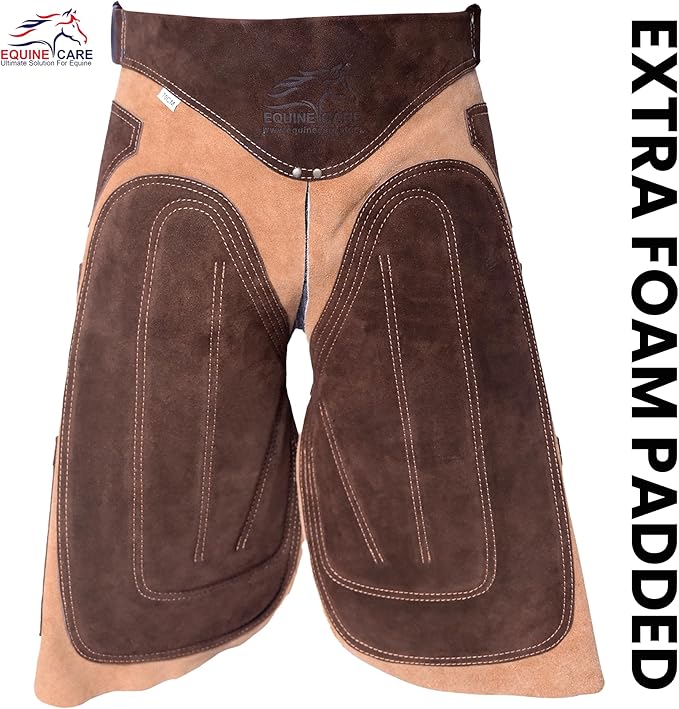 Equine Care Farrier Apron Chaps – Cowhide Suede Leather, Foam Padded Thigh and Back Support, Adjustable Waist, Tool Pockets, Magnetic Nail Holders (29 inches (70 cm))