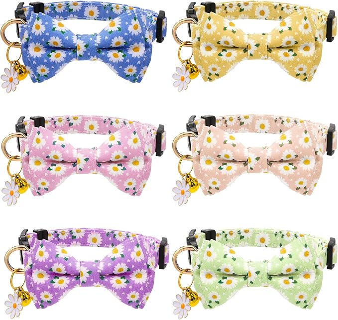 6 Pack Breakaway Cat Collars with Bow Tie and Bell Floral Kitten Cat Collars Adjustable Cat Bowtie Collar with Pendants for Girl Boy Kitten Cats