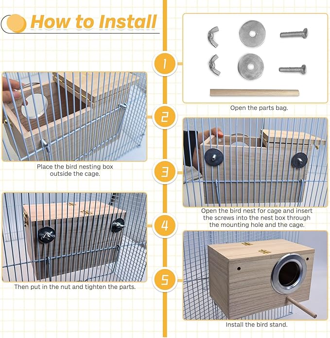 PINVNBY Parakeet Nesting Box Bird House for Cage Wood Mating Box Bird Breeding Box for Lovebirds, Cockatoo, Budgie, Finch, Canary Small and Medium Sized Birds (XL: 13.3 x 7.8 x 7.08 inch)