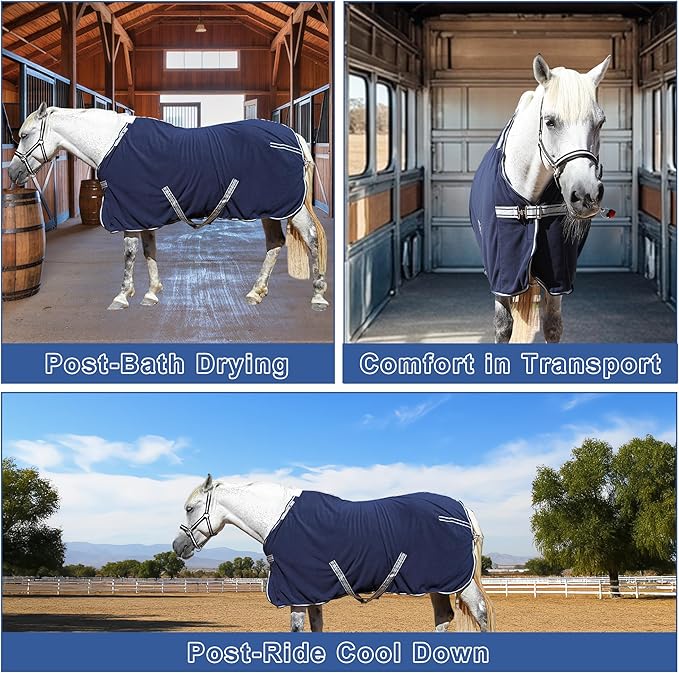 Horse Fleece Cooler, Blanket Liner - 300g Anti-Pilling Fleece, Moisture-Wicking, Cooling & Drying for Post-Workout, Bath & Travel, Prevent Overheating & Chilling Navy 75