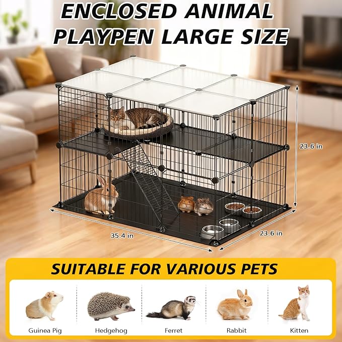 XiaZ Small Animal Playpen with Waterproof PVC Mat and 2 Doors, 35.4" L x 23.6" W x 23.6" H Guinea Pig Cages, 31 Panels C&C Cage for Guinea Pigs,Rabbit,Bunny,Hedgehogs,Chicken Puppy Indoor Outdoor