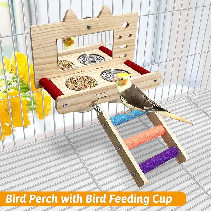 Tfwadmx Bird Food Stainless Steel Cups Wooden Perch Stand with Ladder Hanging Feeder Bowls Feeding and Watering Supplies for Parakeets Conures Cockatiels Budgie Parrot