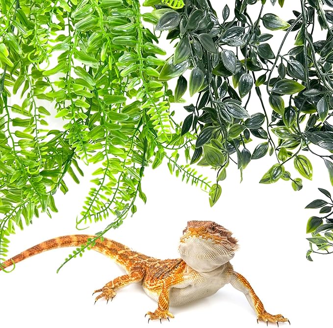 Hamiledyi 5 Pcs Reptile Plants Terrarium Hanging Fake Plant Leaves, Bearded Dragon Tank Accessories, Habitat Decor for Snake Leopard Gecko Lizard Chameleon Spider Turtle (Style 2)