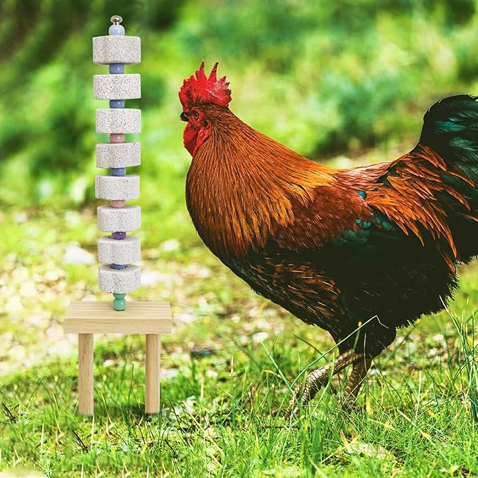 Hamiledyi Chicken Chewing Toy Chicken Coop Accessories with Calcium Stone & Wood Stake Enrichment Toys for Hens, Ducks, Geese, Cockatiel, Parakeet, Parrot, Budgie