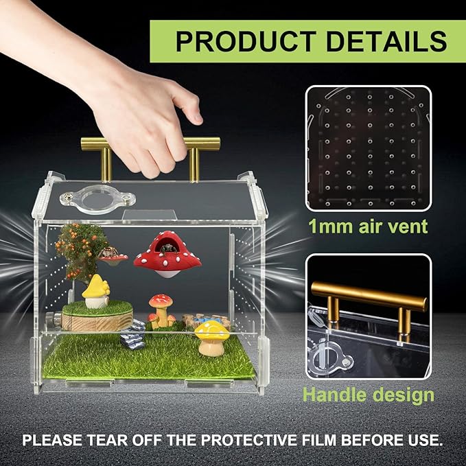 Jumping Spider Enclosure, 5.9" X 4.7" X 5.5" Acrylic Spider Habitat, Front Opening Reptile Terrarium with Matrix Ventilation Holes & Feeding Holes, for Hermit Crab Tarantula Mantises Beetles