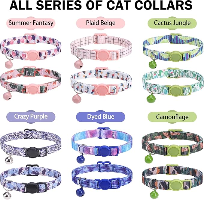 Breakaway Cat Collars for Girl Boy Cats, Spring Summer All Weather Cat Collar Personalized Pattern 2 Pack,Cute Classic Safety Buckles and Bells,Adjustable Printed Nylon Colorful Kitten Collar