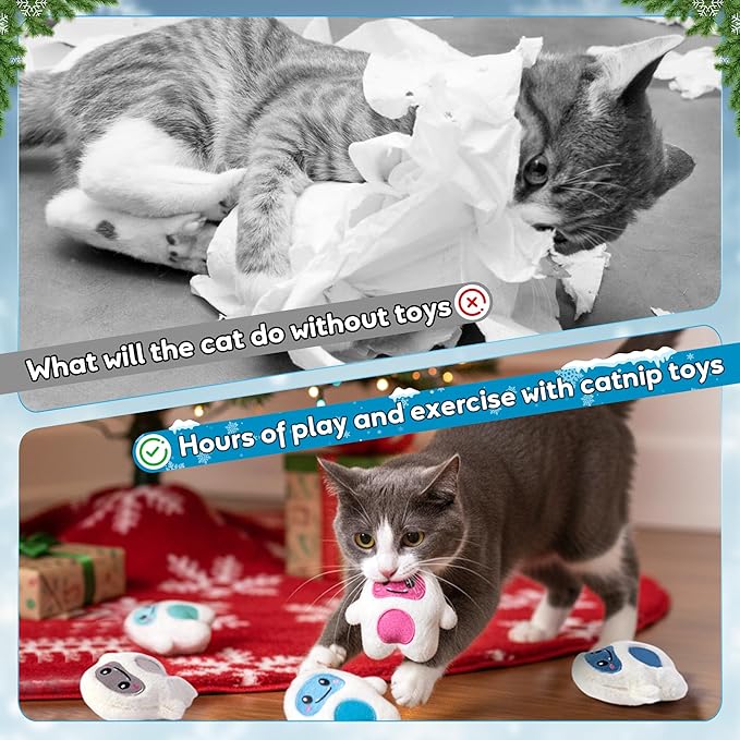 MALLMALL6 Snow Monster Catnip Toys - 5Pcs Winter Christmas Catmint Interactive Cat Toy for Indoor Kitten, Soft Plush with Cute Expression Supplies, Kitty Teething Chew Toy Set Xmas Gifts for Cat Lover
