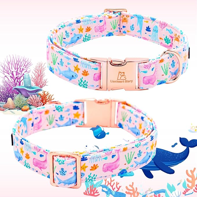 Lionheart glory Dog Bow Collar Sea Animals Print Pink Dog Collar for Small Dogs,Female Male Dog Collars with Bowtie Spring Summer Collars Soft Adjustable Pet Collar Bows