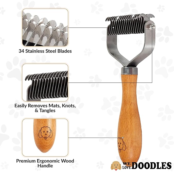 Pet Dematting Comb for Dogs and Cats with Wood Handle, Deshedding Undercoat Rake for Dogs with Stainless Steel Blades, Dog Comb for Detangling Thinning and Shedding, All Hair Types [We Love Doodles]